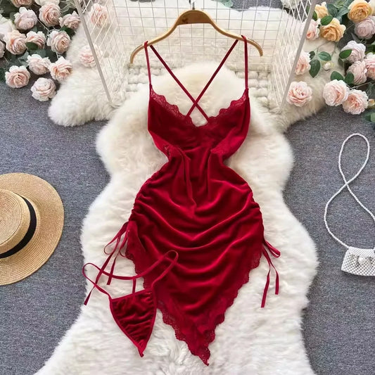 Women Sexy Red Ruched Mini Dress Sleeveless Backless Spaghetti Strap Dress Drawstring Bodycon Party Club Dress with Thong