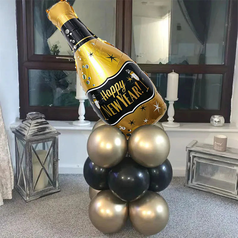 Black Gold Big Wine Bottle Foil Latex Balloons Christmas Decorations For Home Happy New Year 2025 Xmas Eve Party Globos Supplies