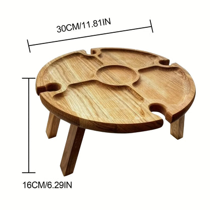 Outdoor Wooden Folding Picnic Table-With Glass Holder 2in1 Round Desk Wine Glass Rack Collapsible Table For Garden Party