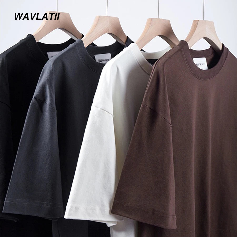 WAVLATII New Men Oversized T shirts Female 260 GSM Casual White Streetwear Tees Black Solid Basic Summer Tops for Young WMT2401