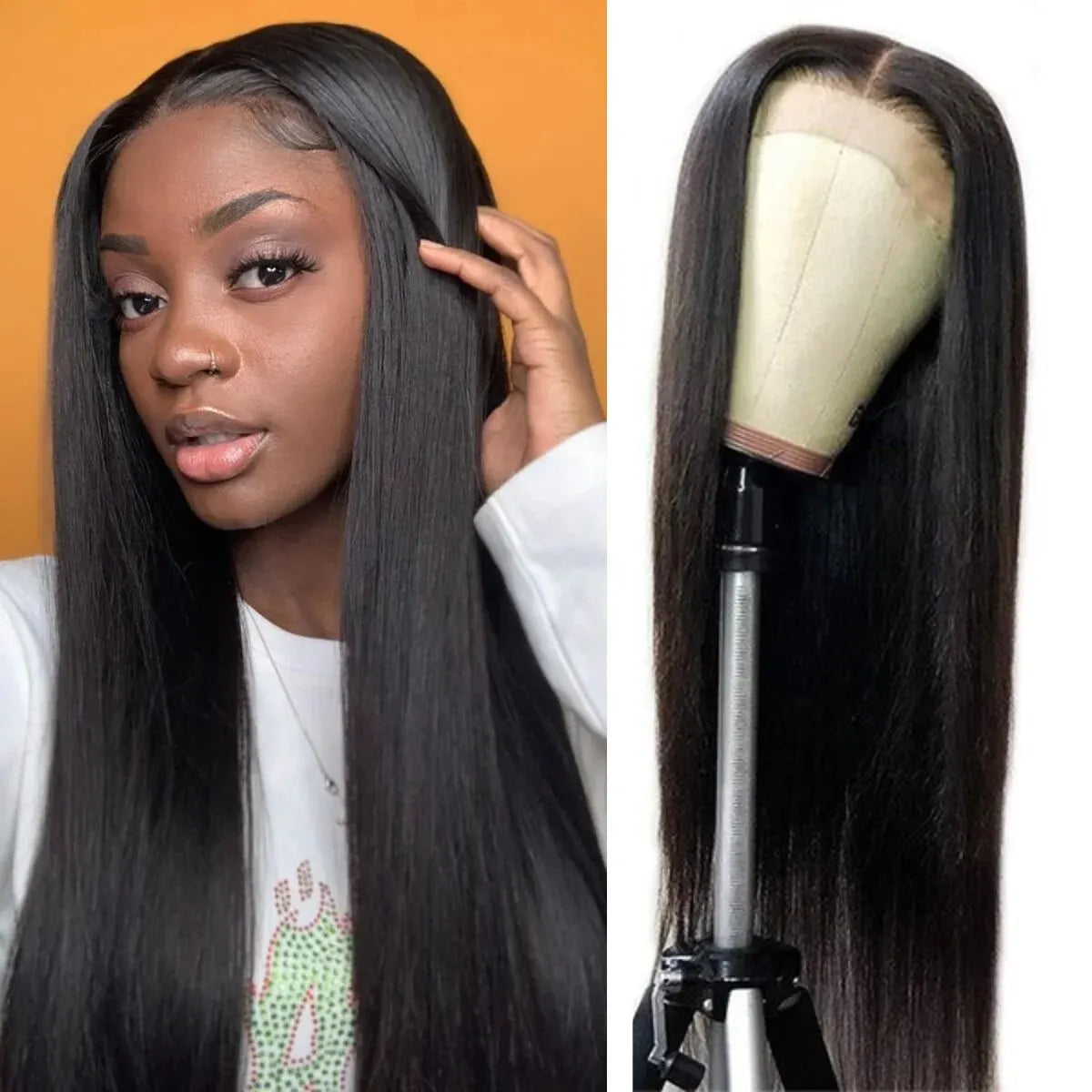 Long Straight Black Lace Front Wig Natural Black Pre Plucked Synthetic HD Lace Front Wig For Women Glueless Heat Resistant Fiber