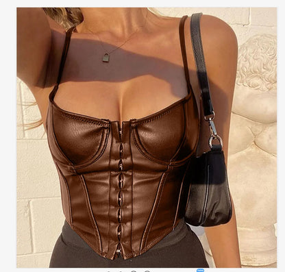 Women Corset Bustier Crop Top Lace-up Bandage Black Gothic Leather Underbust Suspender Cami Vest Waist BodyshaperTank Cummerbund