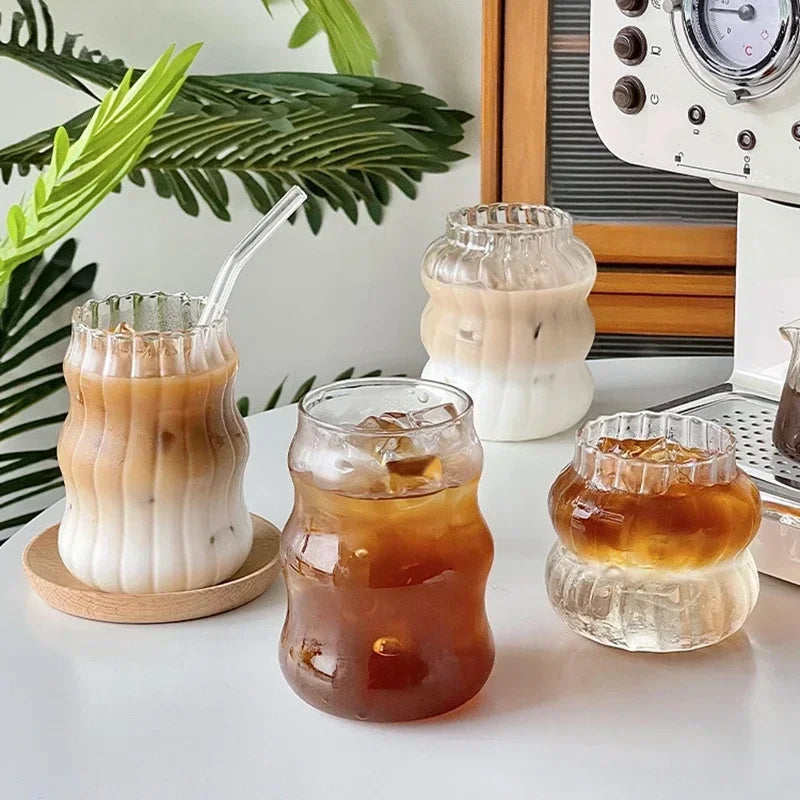 Transparant Glass Cup Creative Wave Shape Glass Cup Cold Coffee Juice Milk Tea Drinkware Dining Bar Whisky Striped Water Cup