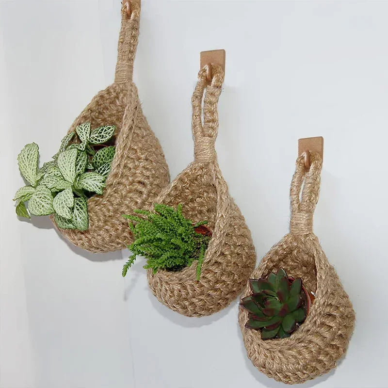 Hanging Wall Basket Hand Woven Storage Basket Kitchen Hanging Net Pocket Waterdrop Shape Fruits Vegetable Plant Storage Net Bag