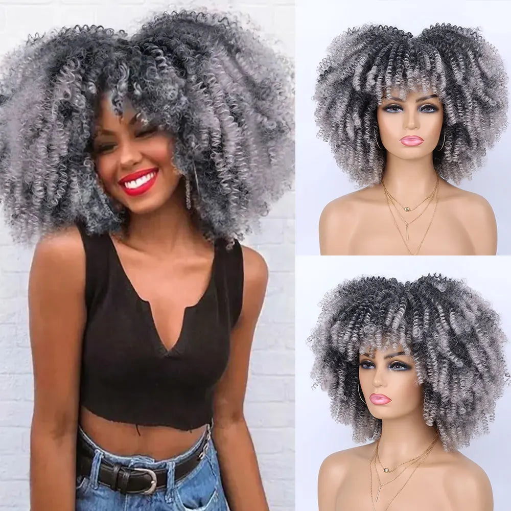 Synthetic Short Afro Kinky Curly Wig With Bangs For Black Women High Temperature Daily Party Headgear with Clips Cosplay