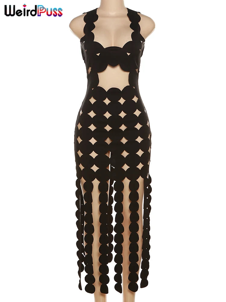 Sheda Hollow Dress Women Sleeveless Backless Coquette Skinny Tassel