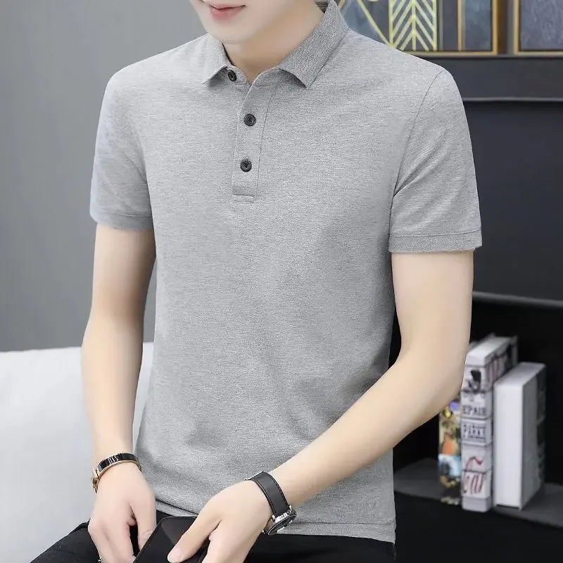 Hong Kong Trendy Brand Men's Summer Polo Shirt Short Sleeves Business Casual Lapel Top Grey Men's Wear White Casual Shirt