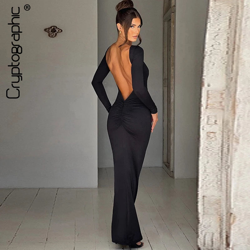 Cryptographic Elegant Open Back Ruched Sexy Bodycon Maxi Dress Birthday Outfits for Women Long Sleeve Dresses Gown Club Party