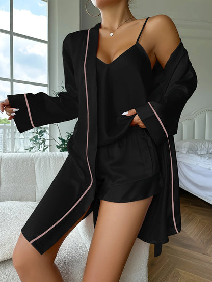 Autumn and Winter 3-Piece Women's Elegant Camisole & Shorts & Nightgown Matchinging Set Luxury Silk Comfortable Pajamas Combination Set Suitable for Home Use