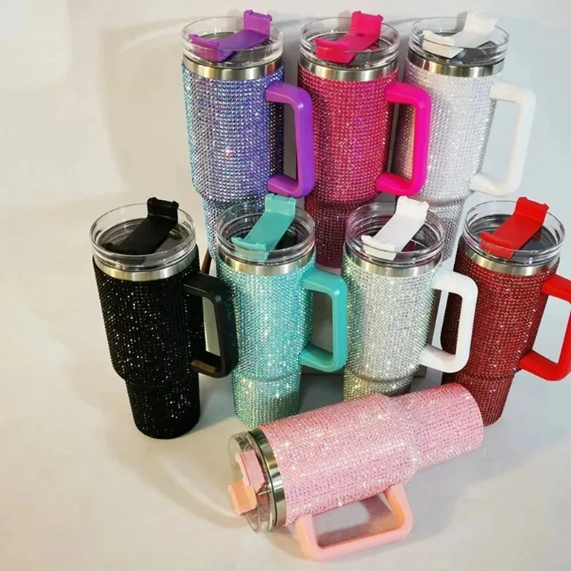 40oz Rhinestone Tumbler Women Shiny Diamond Stainless Steel Straw Cup Travel Car Thermoses Coffee Mug Water Bottle Drinkware