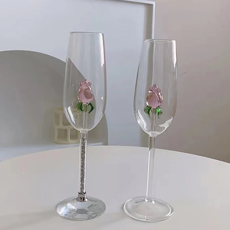 Creative 3D Pink Glass Rose Build-In Red White Wine Glasses Cup Drinkware Goblet Champagne Flute Household Lovely Valentine Gift