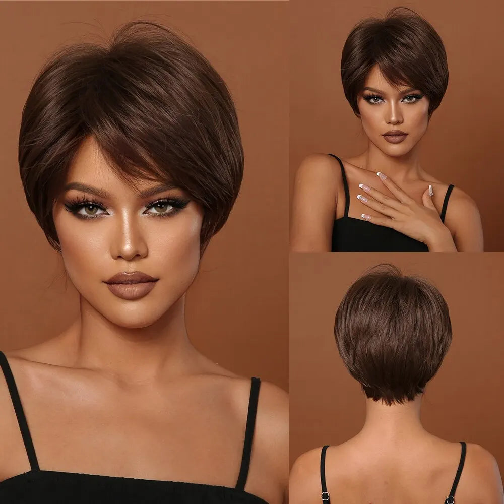 Pixie Cut Wigs for Women Natural Synthetic Short Black Layered Hair Wig with Fluffy Bangs Afro Daily Heat Resistant