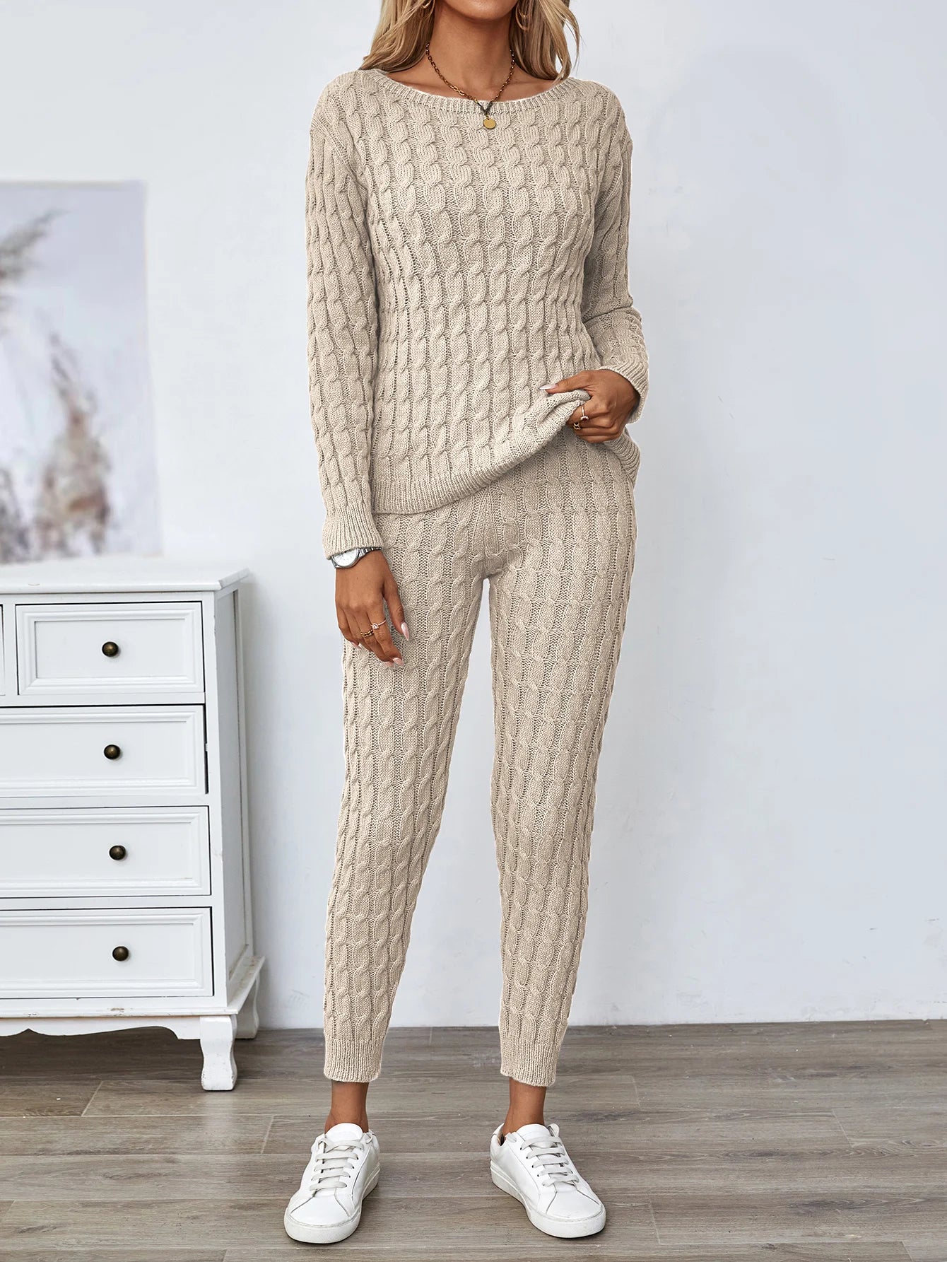 Solid Knitted Matching Two-piece Set  Casual Long Sleeve Sweater & Pants Outfits  Women's Clothing