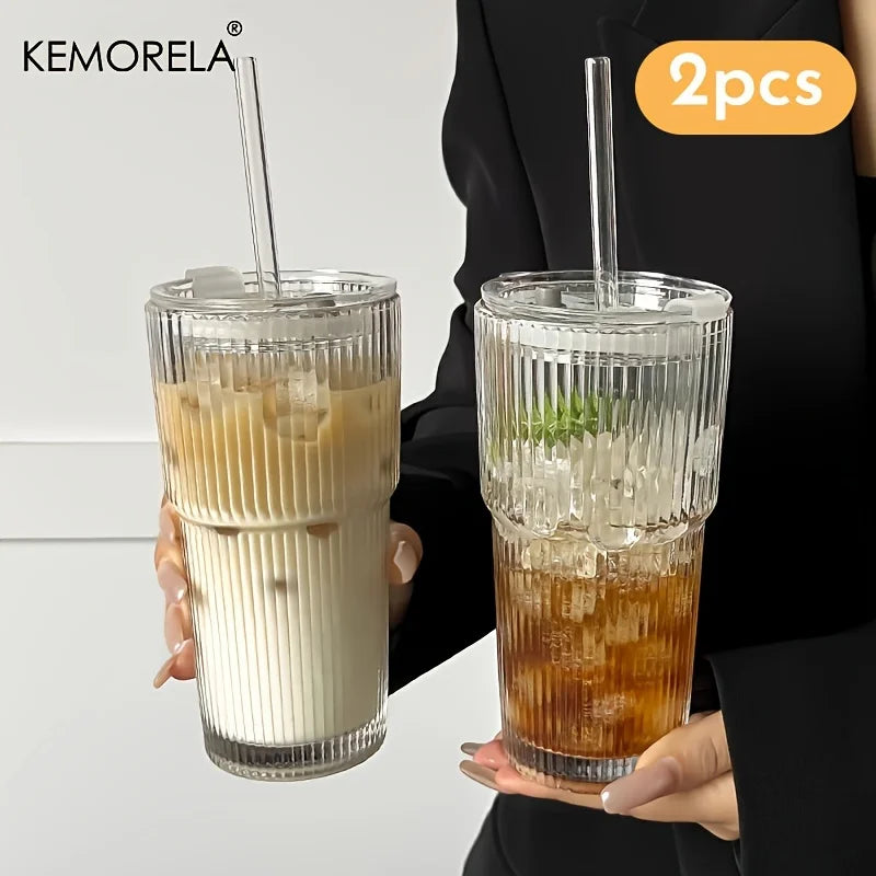 600ML Stripe Glass Coffee Cup With Lid and Straw Transparent Drinking Glasses for Juice Milk Tea Cups Iced Coffee Mugs Drinkware