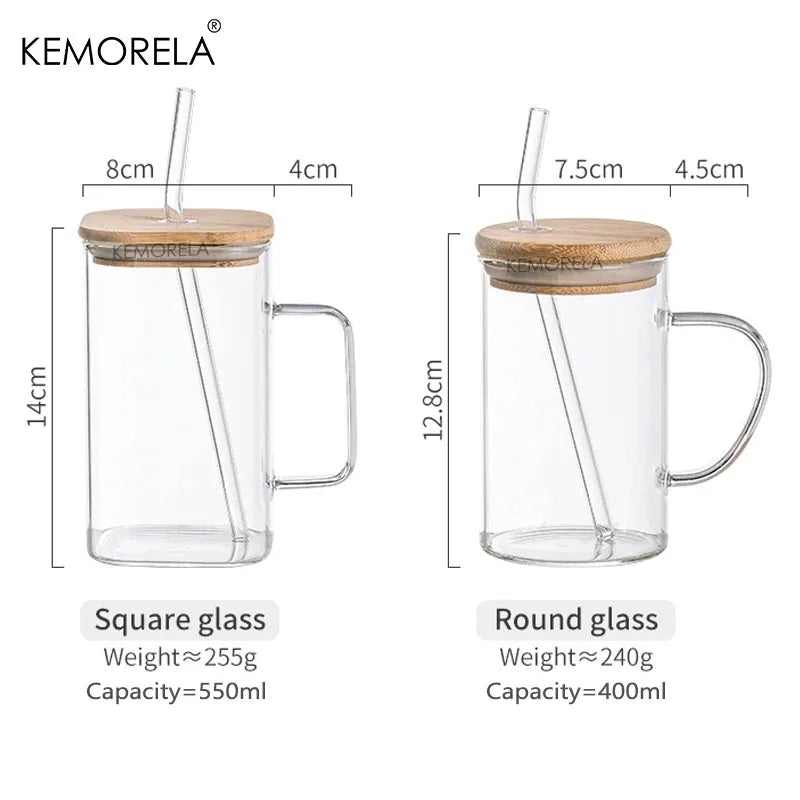 600ML Glass Cup with wooden lid and colorful handles and colorful straws Milk coffee transparent drink cup Suitable for parties