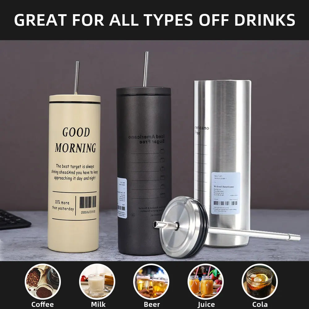 Coffee Cup Thermos 304 Stainless Steel Double -layer Cooler Straw Cup Portable Reusable Ins Ice American Coffee Mug Water Bottle