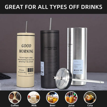Coffee Cup Thermos 304 Stainless Steel Double -layer Cooler Straw Cup Portable Reusable Ins Ice American Coffee Mug Water Bottle