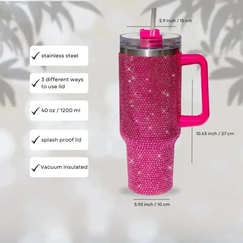 40oz Rhinestone Tumbler Women Shiny Diamond Stainless Steel Straw Cup Travel Car Thermoses Coffee Mug Water Bottle Drinkware