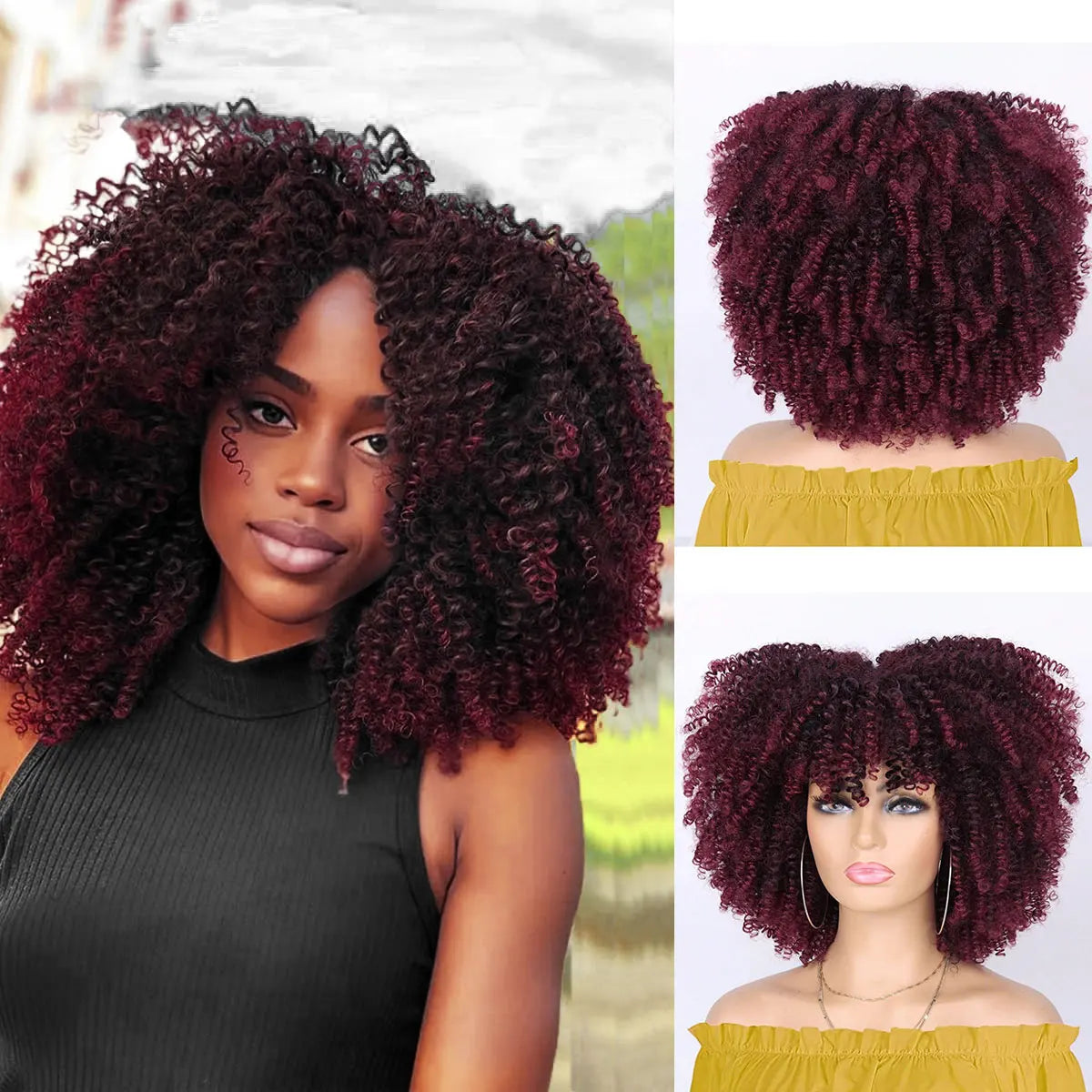 Synthetic Short Afro Kinky Curly Wig With Bangs For Black Women High Temperature Daily Party Headgear with Clips Cosplay