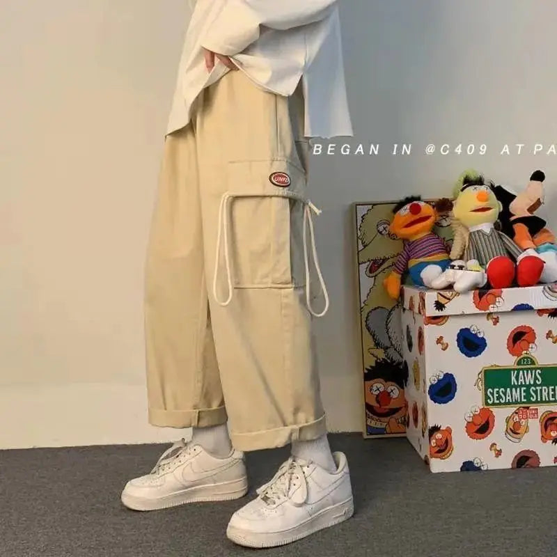 Korean Style Wide leg Cotton Cargo Pants Men Streetwear Straight Hiking Oversize Baggy Sweatpants Casual Trousers Side Pocket