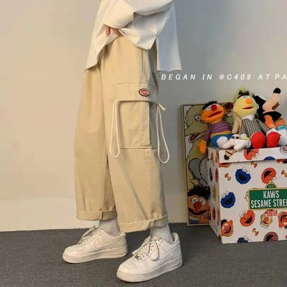 Korean Style Wide leg Cotton Cargo Pants Men Streetwear Straight Hiking Oversize Baggy Sweatpants Casual Trousers Side Pocket