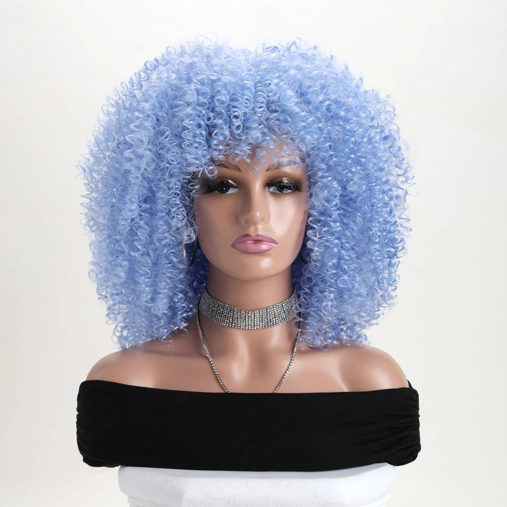 16 Inch Afro Kinky Curly Hair Wigs With Bangs Soft Fluffy Synthetic Fiber None Lace Wigs For Party Cosplay Daily Use