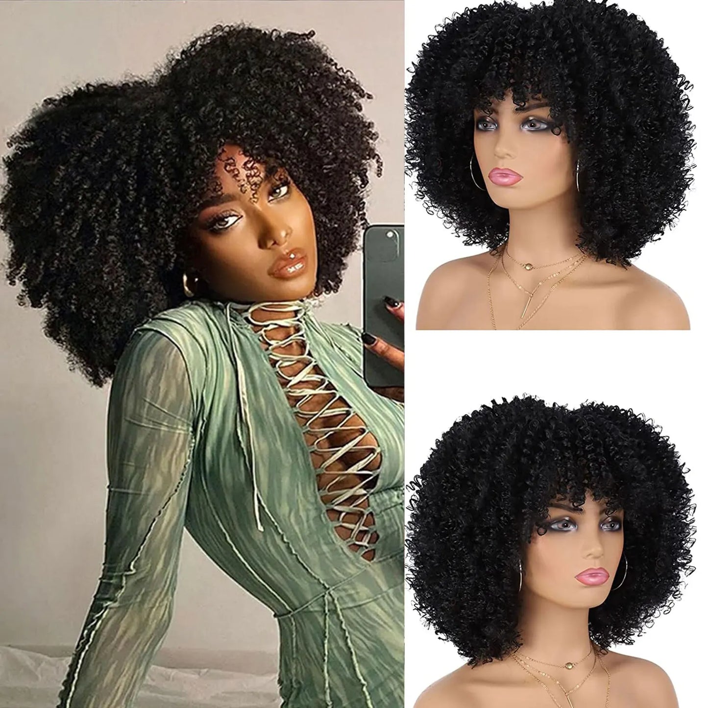 Synthetic Short Afro Kinky Curly Wig With Bangs For Black Women High Temperature Daily Party Headgear with Clips Cosplay