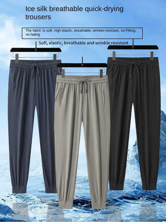 Big Size 8XL Men Summer Thin Ice Silk Pants Loose Style Workwear Casual Quick Dry Sports Pants Long Breathable High Elasticity