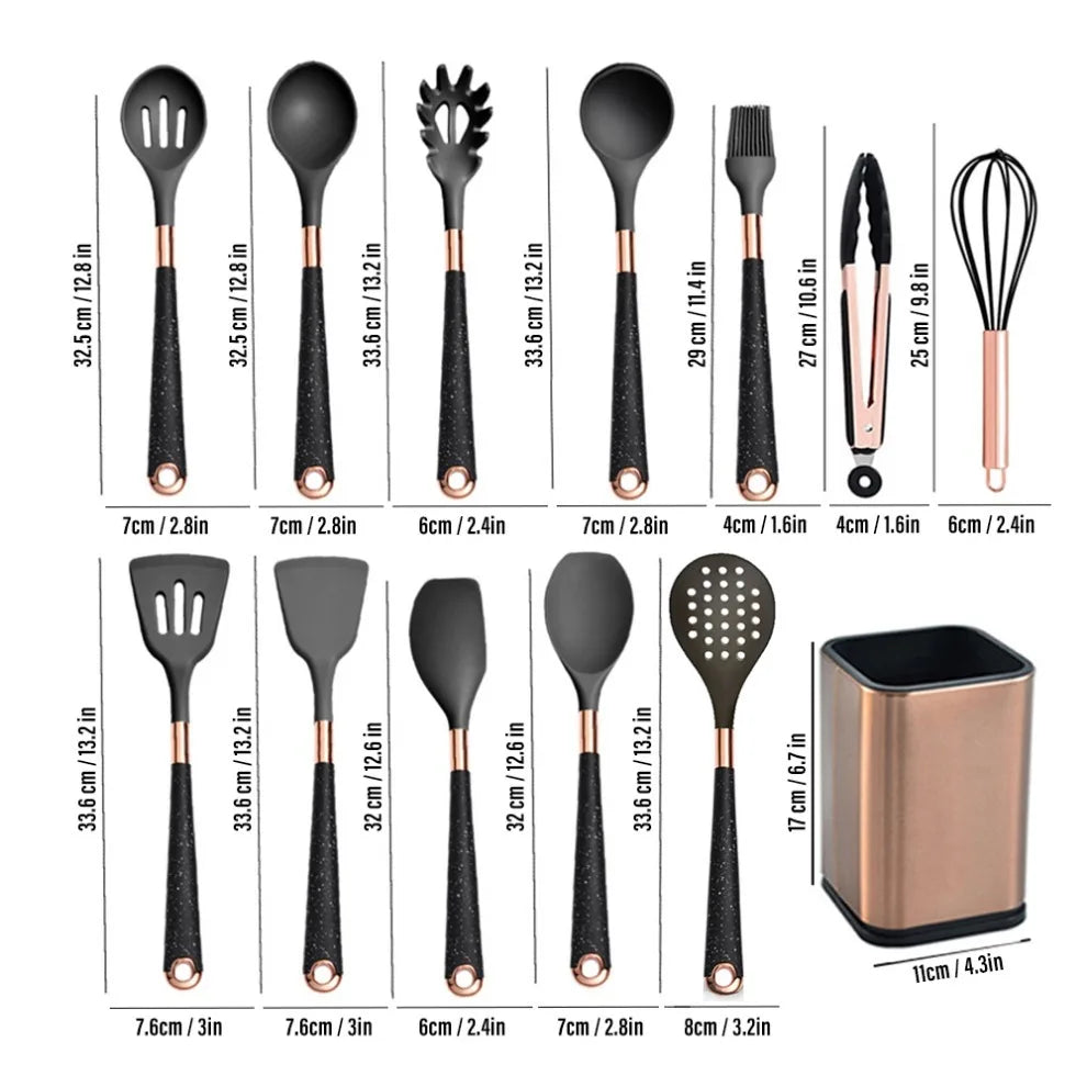 Silicone Cooking Utensils Set Heat Resistant Kitchen Spatula Spoon  Non-Stick Tools Gift With Rose Gold-Plated Handle And Holder