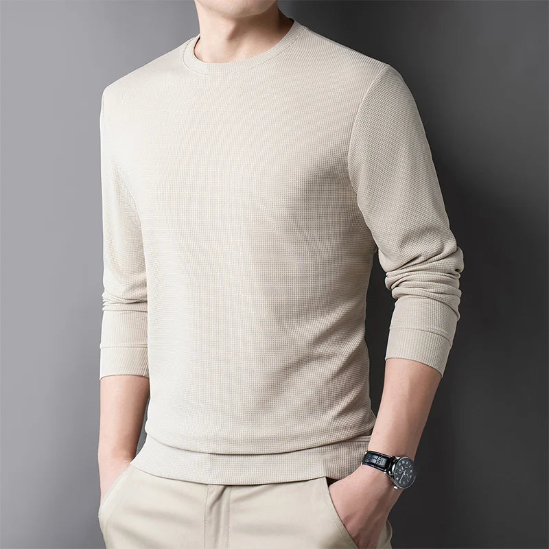 2024 Men's New Waffle Round Neck Long Sleeved T-shirt Summer Comfortable Top