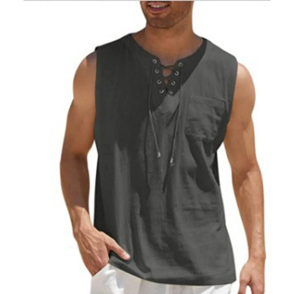 New Mens Summer Tank Tops Cotton Linen Vest Casual Sleeveless Tees Loose Lace Up O-Neck Tops Streetwear