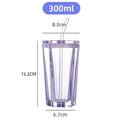 High Aesthetic Straw Cup Pentagonal Star Glass Cup Color Gradient Cold Drink Cup with Lid Coffee Water Mugs