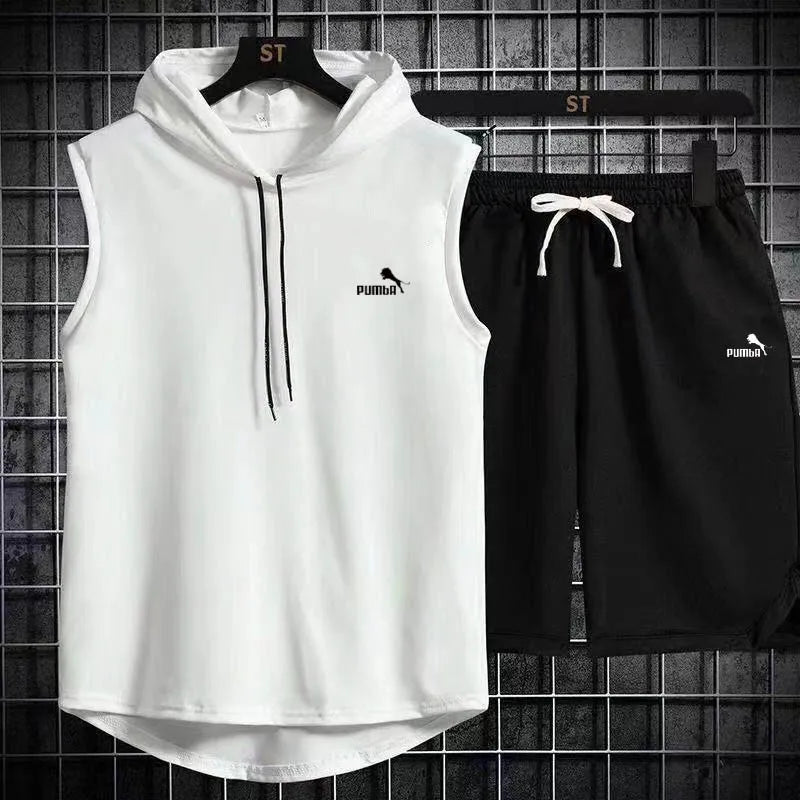 Brand  Summer Men's Two Piece Set CasualT-Shirt and Shorts Set Mens Sports Suit Fashion Short Sleeve Tracksuit Hooded T-shirt