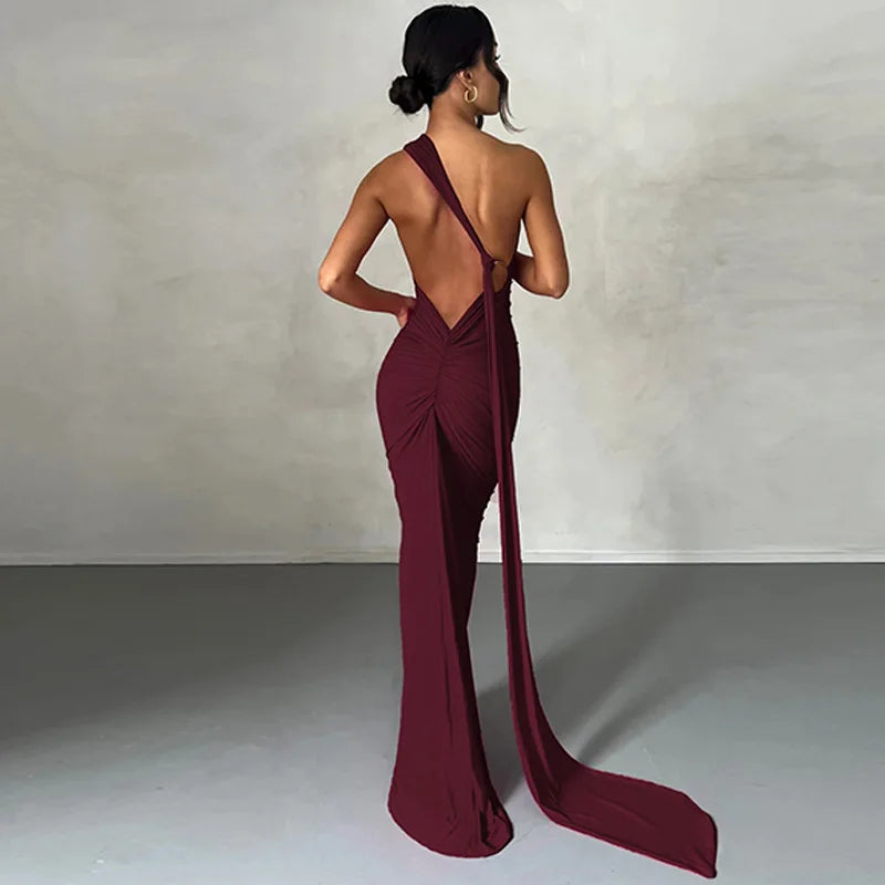 Citar One Shoulder Backless Adjustable Scarf Loop Sexy Maxi Dress