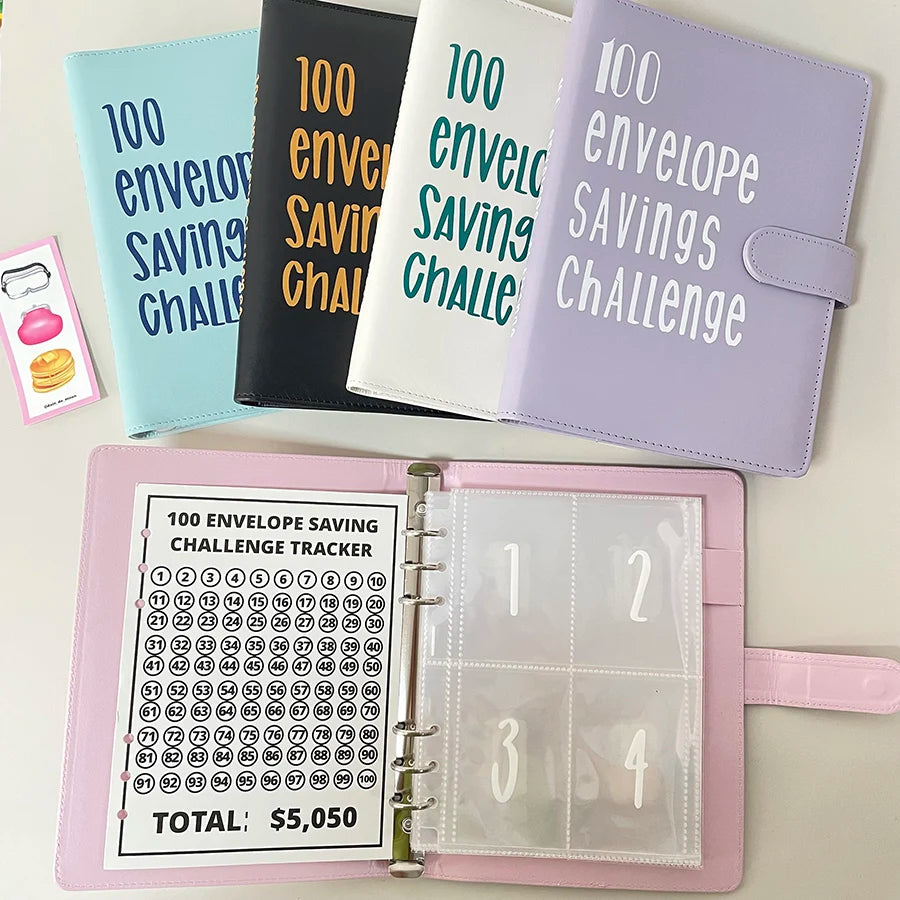 Sharkbang A5 PU 100 Envelope Saving Challenge Book,Binder Collect Book Set,25 Sheets 100 Pockets Number Sleeves, Full Set Holder