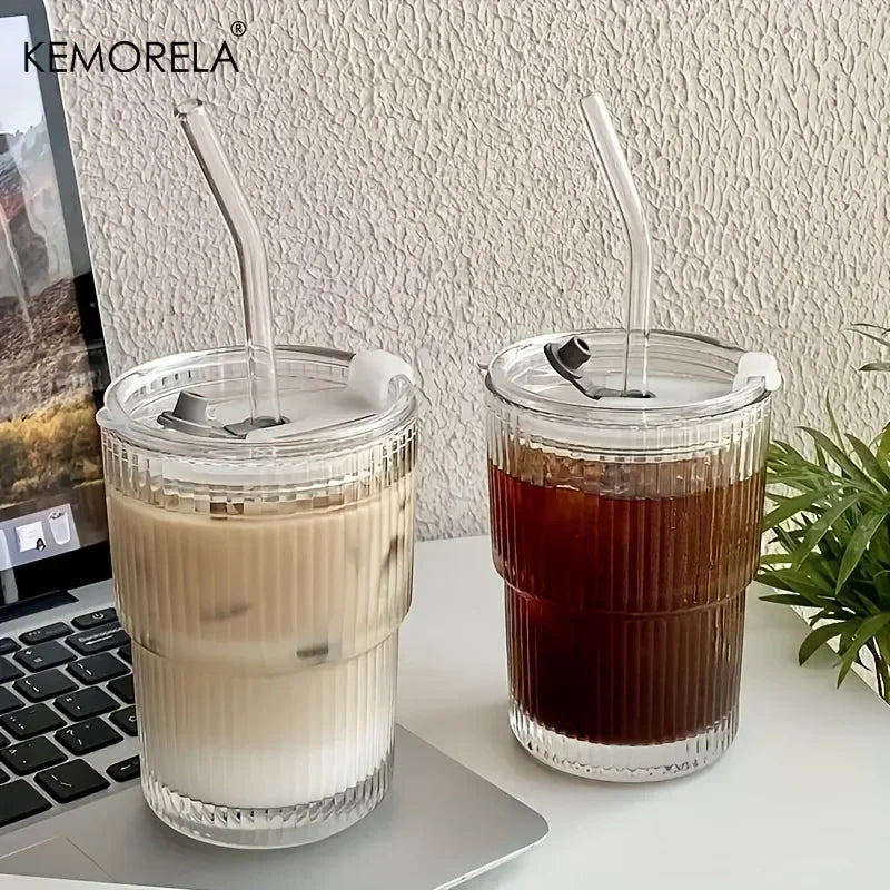 1PCS 400ml Stripe Glass Cup Transparent Glasses With Lid and Straw Ice Coffee Mug Tea Cup Juice Glass Milk Water Cup Drinkware