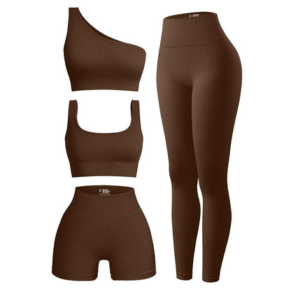 Ensembles d'entraînement 4 pièces pour femmes Leggings côtelés Vêtements Ensembles de yoga Vêtements de sport Ensembles d'entraînement assortis Tenues de gym Pilates