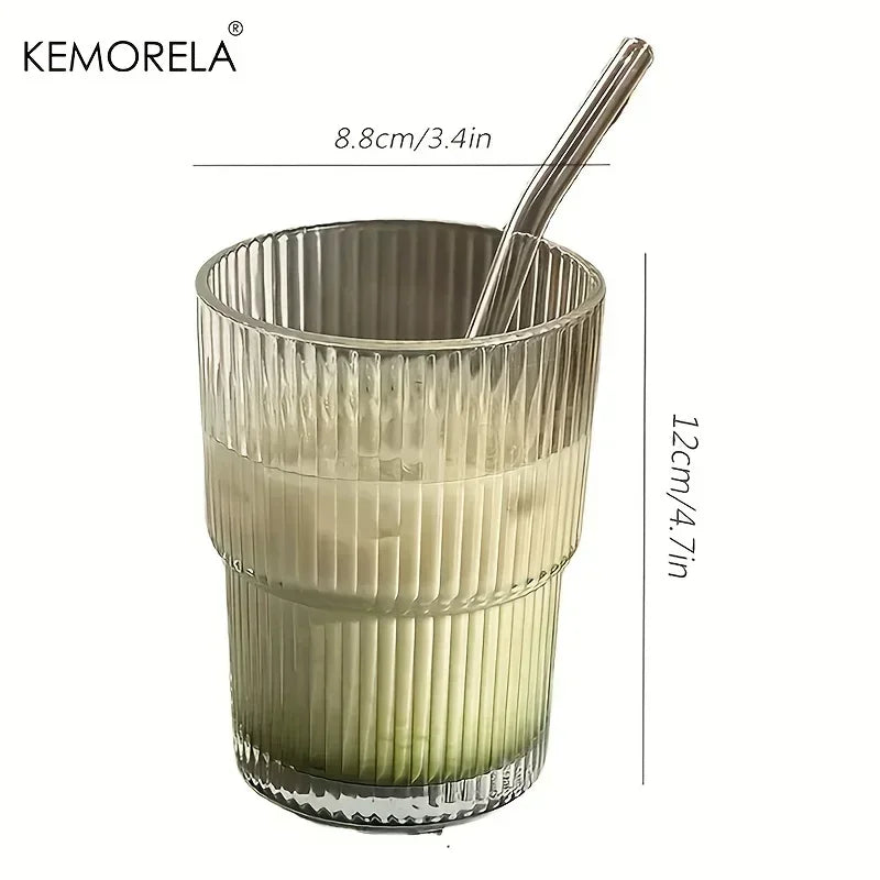 1PCS 400ml Stripe Glass Cup Transparent Glasses With Lid and Straw Ice Coffee Mug Tea Cup Juice Glass Milk Water Cup Drinkware