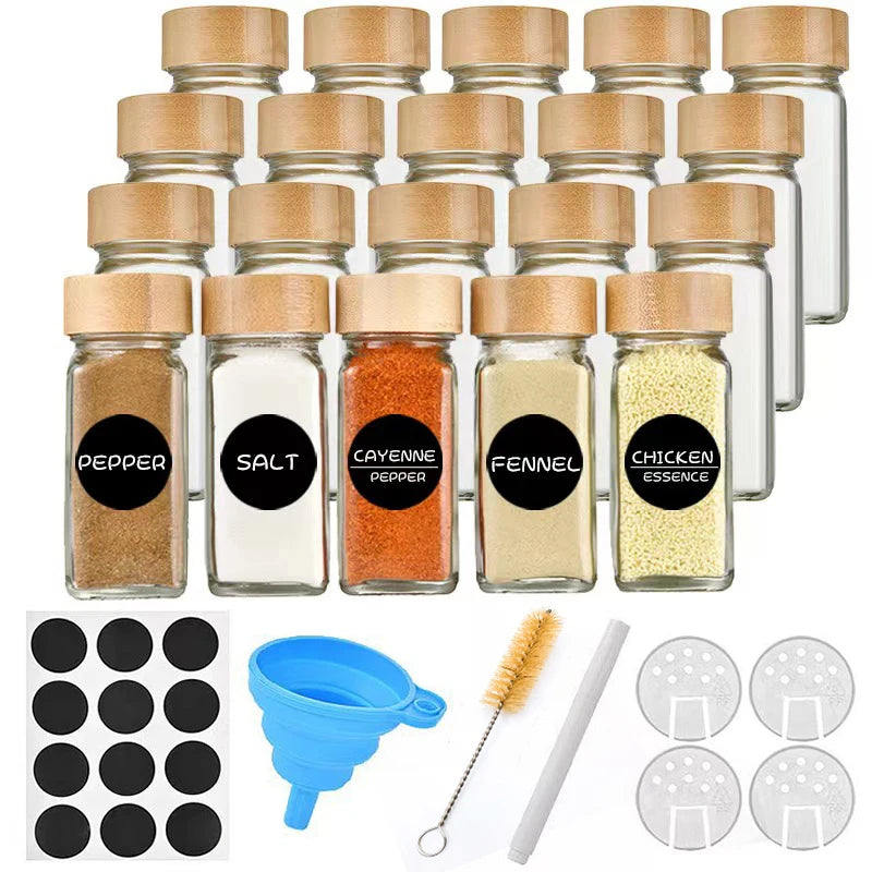 12pcs Glass Spice Jars - 4 oz Glass Spice Jars with Bamboo Lids, Minimalist Farmhouse Spice Labels Stickers, Collapsible Funnel