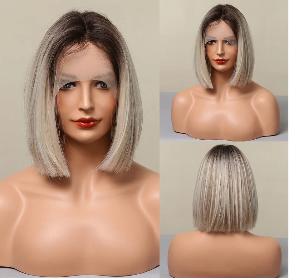 Short Blonde Lace Frontal Synthetic Wig Simulation of Human Hair Ombre Blonde Straight Bob Hair Wig For Women Heat Resistant