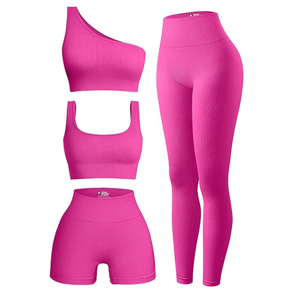 Ensembles d'entraînement 4 pièces pour femmes Leggings côtelés Vêtements Ensembles de yoga Vêtements de sport Ensembles d'entraînement assortis Tenues de gym Pilates