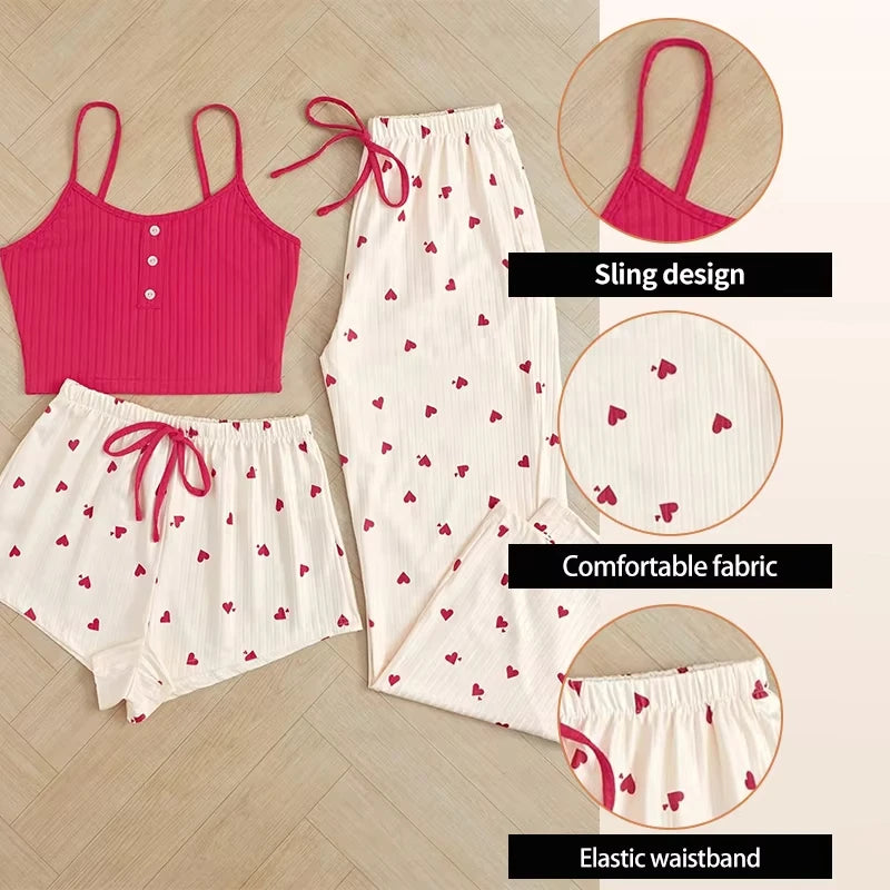 Three Piece Women's Heart-Shaped Printed Vest Shorts and Pants Paired with Ribbed Fabric for Home Casual Women's Sleepwear Set