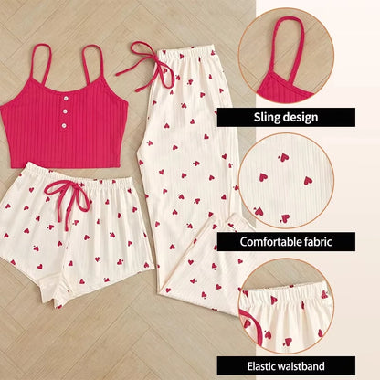 Three Piece Women's Heart-Shaped Printed Vest Shorts and Pants Paired with Ribbed Fabric for Home Casual Women's Sleepwear Set