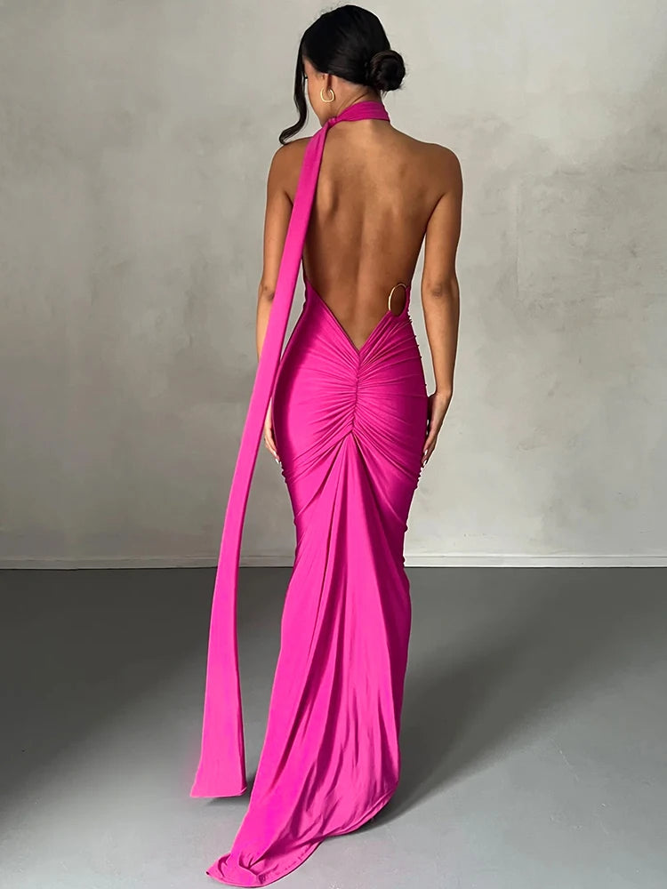 Citar One Shoulder Backless Adjustable Scarf Loop Sexy Maxi Dress