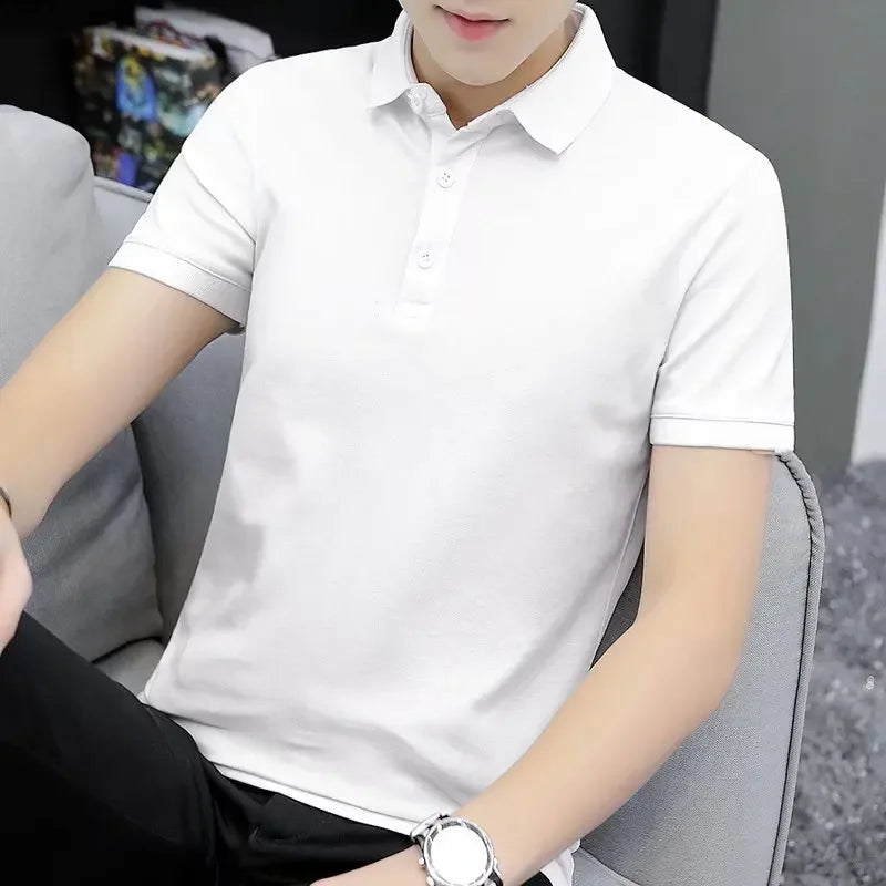 Hong Kong Trendy Brand Men's Summer Polo Shirt Short Sleeves Business Casual Lapel Top Grey Men's Wear White Casual Shirt