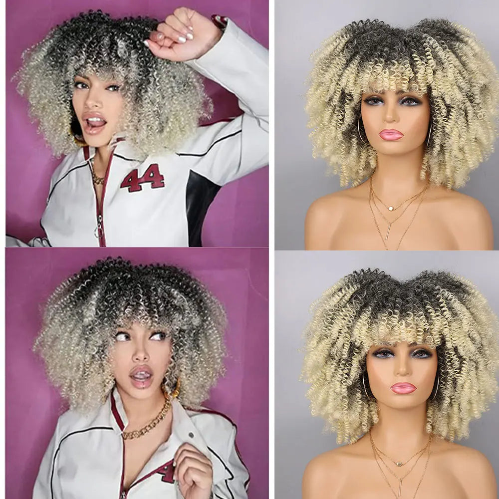 Synthetic Short Afro Kinky Curly Wig With Bangs For Black Women High Temperature Daily Party Headgear with Clips Cosplay