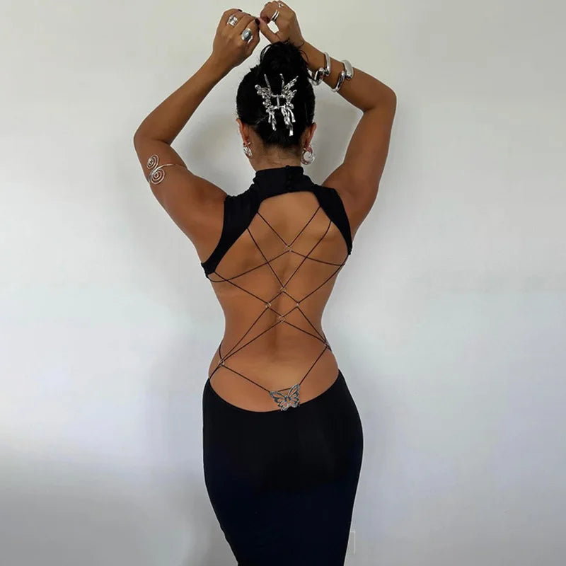 Tia Backless Bandage Butterfly Detail Long Dress