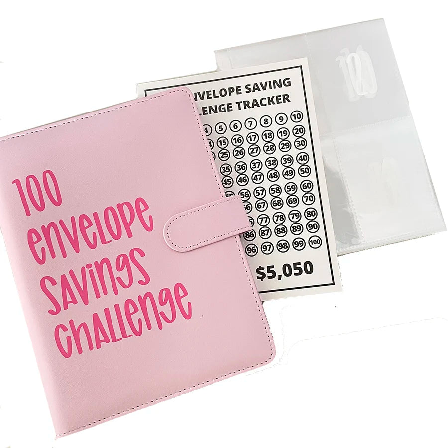 Sharkbang A5 PU 100 Envelope Saving Challenge Book,Binder Collect Book Set,25 Sheets 100 Pockets Number Sleeves, Full Set Holder