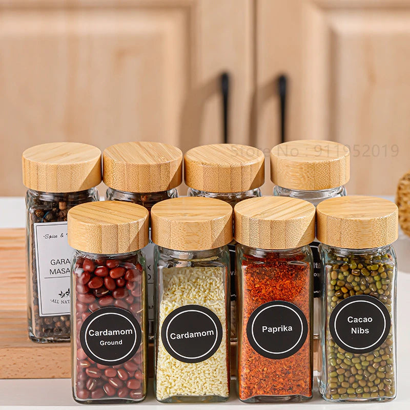 12pcs Glass Spice Jars - 4 oz Glass Spice Jars with Bamboo Lids, Minimalist Farmhouse Spice Labels Stickers, Collapsible Funnel