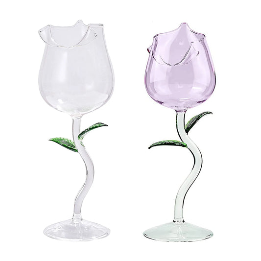 Rose-Shaped Red Wine Glasses Rose Shape Wine Glass With Colored Rose Leaves 150/280ml Rose Shaped Red Wine Goblet Cocktail Cup